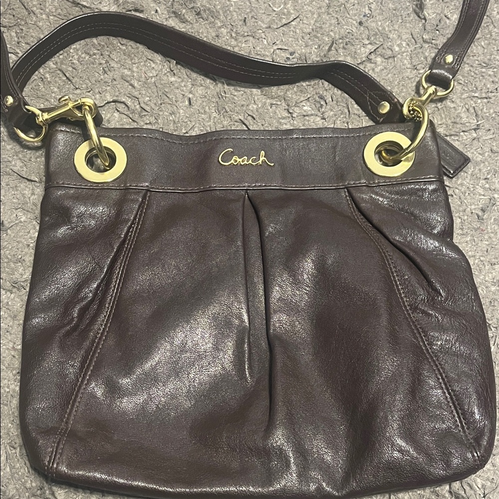 Coach Dark Brown Leather Shoulder Bag with Gold Accents